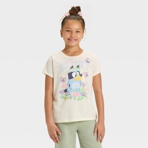 Girls' Bluey Floral Glitter Short Sleeve Graphic T-Shirt - Ivory